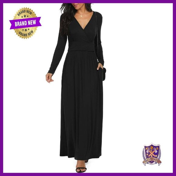 Dresses & Skirts - Long Sleeve V-Neck Maxi Dress with Side Pockets - Soft Rayon Blend